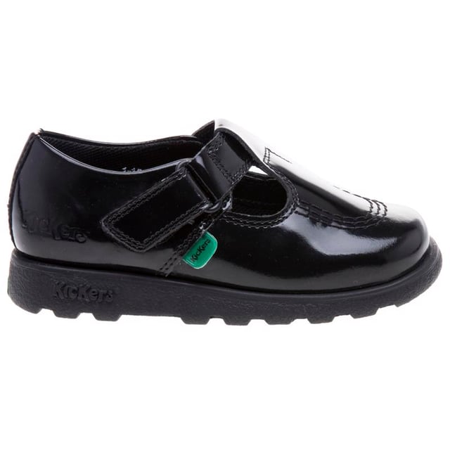 Infant Girls Kickers Fragma T-Bar Patent Shoes in Black- Hook and loop strap fastening- Shiny patent leather upper- Classic triple stitch detail- Iconic red and green logo tabs- Ridged rubber sole for traction and durability- Embossed branding to side- Leather Upper  Textile Lining  Synthetic Sole- Ref: 115178
