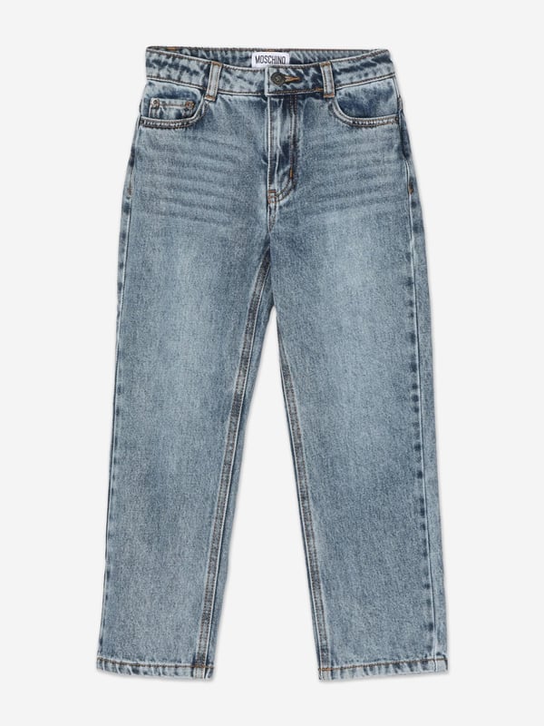 Italian fashion House Moschino depict energy and precision into their fun-filled abstracts. These sky blue vintage jeans are engineered in beautiful high quality. They showcase a five-pocket design with an embroidered logo on the back. Zip and Button Waist With Belt Loops Straight Leg  100% Cotton