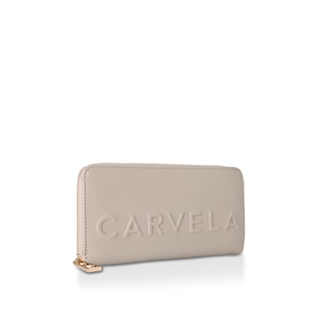 The Carvela Frame Purse features a textured taupe exterior with embossed Carvela logo. The zip closure opens to an interior with multiple card slots and zipped compartment. 10cm (H), 19cm (W), 2cm (D).