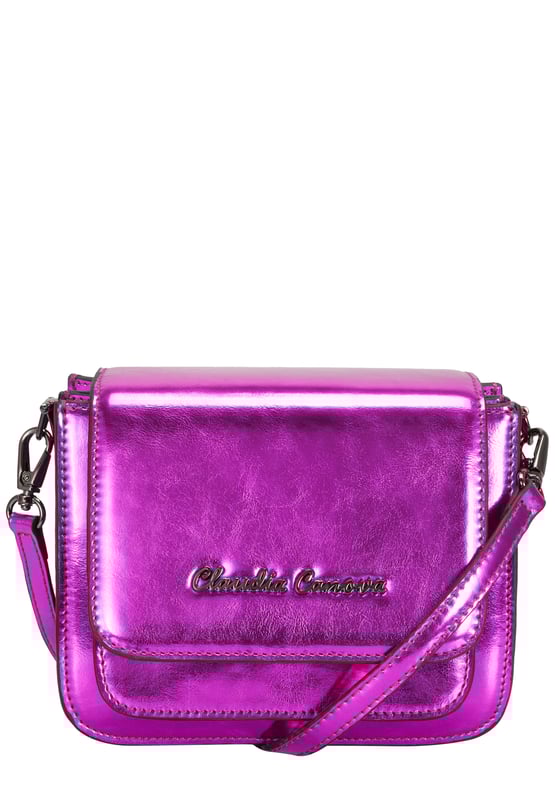 For a striking look, this metallic print cross-body bag ticks all the right boxes. It features a flap-over front with a mag-dot fastener to keep your valuables secure and a detachable shoulder chain for versatile styling. Inside reveals two main compartments and a slip pocket. Features: , Metallic PU exterior, Claudia Canova gunmetal script logo, Detachable shoulder strap, Flap-over front with mag-dot fastening, Two internal comparments, Inner slip pocket