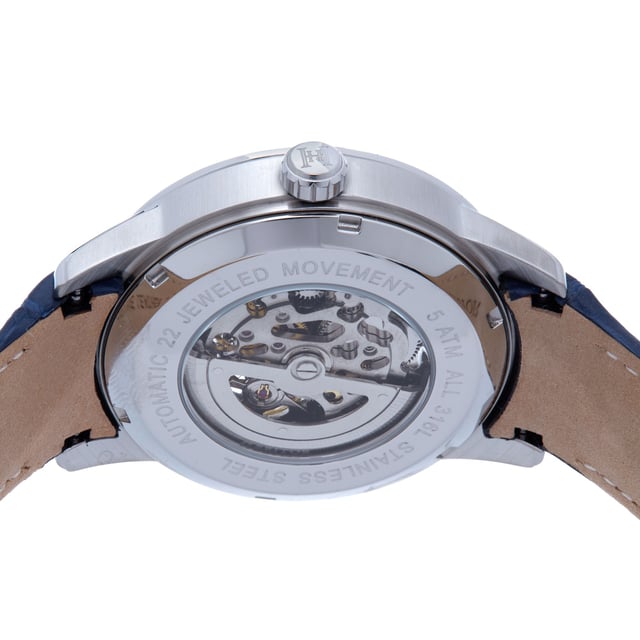 316L Surgical-Quality Stainless Steel Case; Jeweled Automatic Movement; Jewel Bearings: 22 Jewels; 36 Hour Power Reserve; Beats per Hour (BPH): 21600/Hour; Sapphire-Coated Mineral Crystal; Semi-Skeleton Dial; Genuine Leather Strap; Logo-Engraved Stainless Steel Clasp; Luminous Hands; 44mm Diameter; 5 ATM Water Resistance;