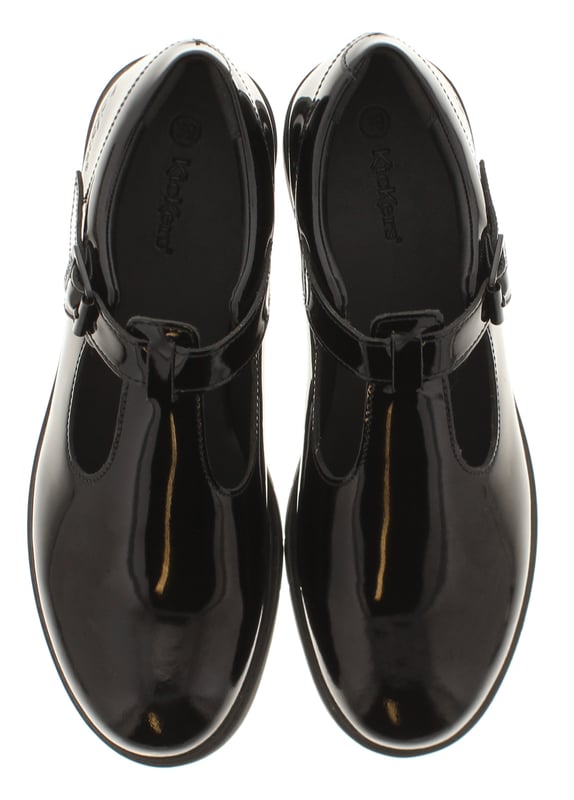 Kickers Girls School Shoes Finley T Bar Leather Buckle Black. Leather Upper. Pu Lining. Synthetic Sole. Footwear Slip-On.