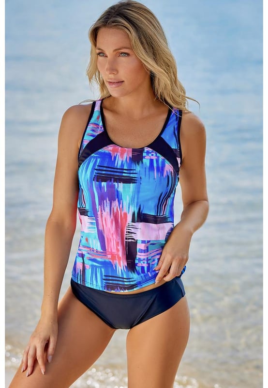 Stijlvolle en comfortabele mouwloze tankini badpak  
Ontworpen voor vrouwen  
Gemaakt van kwaliteitsmaterialen  
Flatterende pasvorm en uitstekende ondersteuning  
Mouwloos ontwerp zorgt voor bewegingsgemak  
Perfect voor het strand of de spa