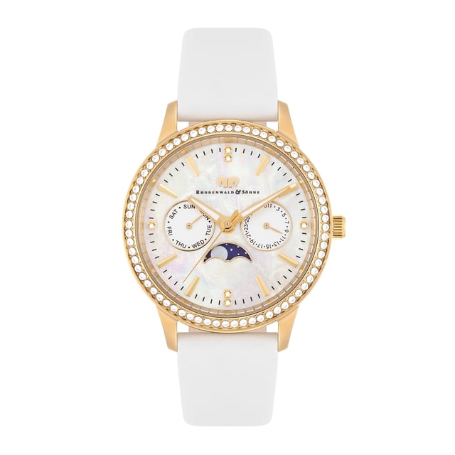 Are you looking for a women's watch that connects classic look with glamorous luxury? Then this model of the Rhodenwald & Sons label is the right choice. The clock scores with an elaborately worked, multi -layer dial, striking line indices and luminiscae. Functional highlight are auxiliary digits for the date and weekday in the Bicompax arrangement, supplemented by a moon phase display. The hard-wearing stainless steel case with IP finishing in yellow gold is decorated with crystals from Swarovski®. A simple, soft leather bracelet fits perfectly into the design and rounds off the noble overall impression.