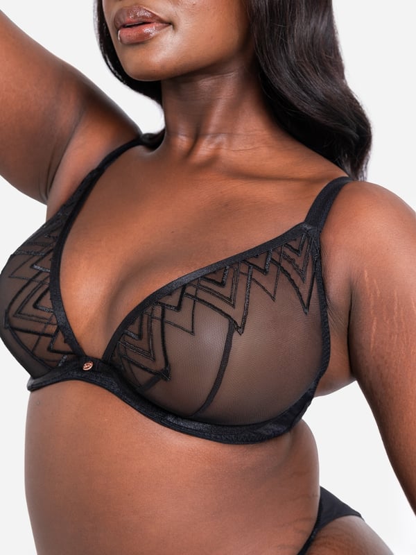Curvy Kate Scantilly Voltage Deep Plunge Bra. Sheer plunge bra with geometric embroidery, deep plunge, rose gold hardware, low wire coverage, and adjustable straps. The product is recommended for hand wash only.