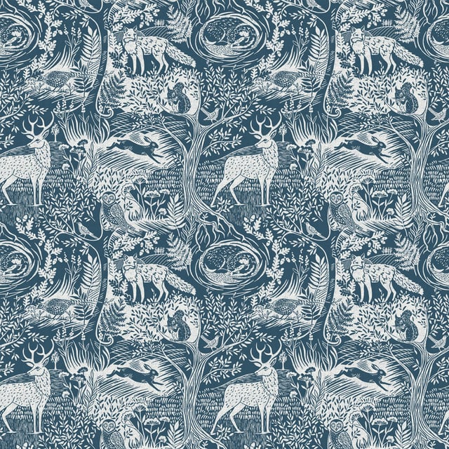 Invite nature into your home with the Winter Wood wallpaper featuring a stunning woodblock inspired print with plenty of woodland animals and trees. The elegant and graceful highland stag is complimented by hares, foxes, and owls in gorgeous rich blue palette, this design will add a focal point to your décor. This wallpaper is a paste the wall application; simply paste the wall, hang your paper, and leave to dry. Each roll is 10m long and 52cm wide. Pattern repeat: 53cm Straight Match. Our Winter Wood wallpaper can be used to paper the whole room or to create an eye-catching feature wall. This wallpaper is also wipeable so that any light marks can be dabbed away.
