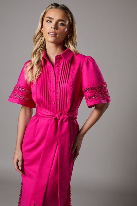 chinese dress ladies Pink Eyelet Lace Embroidered Shirt Dress – SSYS main image 0