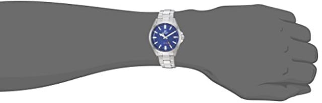 This Casio Edifice Analogue Watch for Men is the perfect timepiece to wear or to gift. It's Silver 40 mm Round case combined with the comfortable Silver Stainless steel watch band will ensure you enjoy this stunning timepiece without any compromise. Operated by a high quality Quartz movement and water resistant to 10 bars, your watch will keep ticking. This is a perfect sporty and casual watch for you, it's a great gift for family or friends -The watch has a calendar function: Date, Luminous Hand High quality 21 cm length and 18 mm width Silver Stainless steel strap with a Fold over with push button clasp Case diameter: 40 mm,case thickness: 11 mm, case colour: Silver and dial colour: Blue