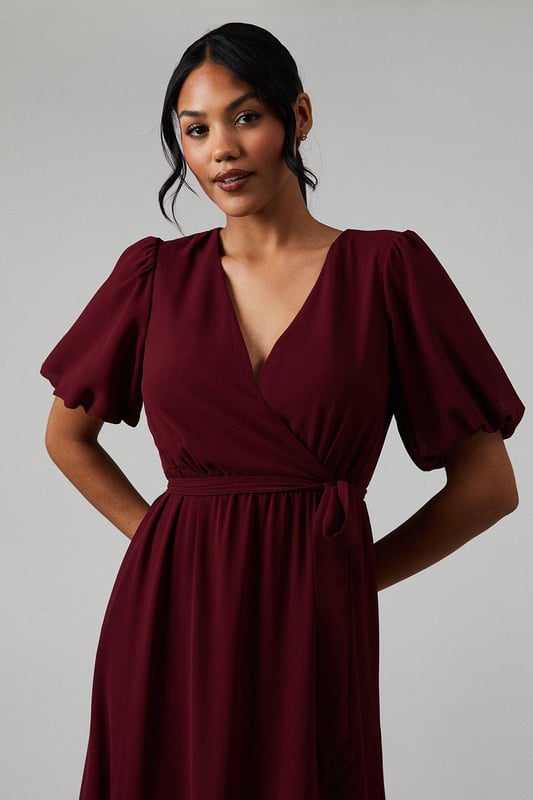 V Neck Puff Sleeve Tiered Georgette Bridesmaids Dress