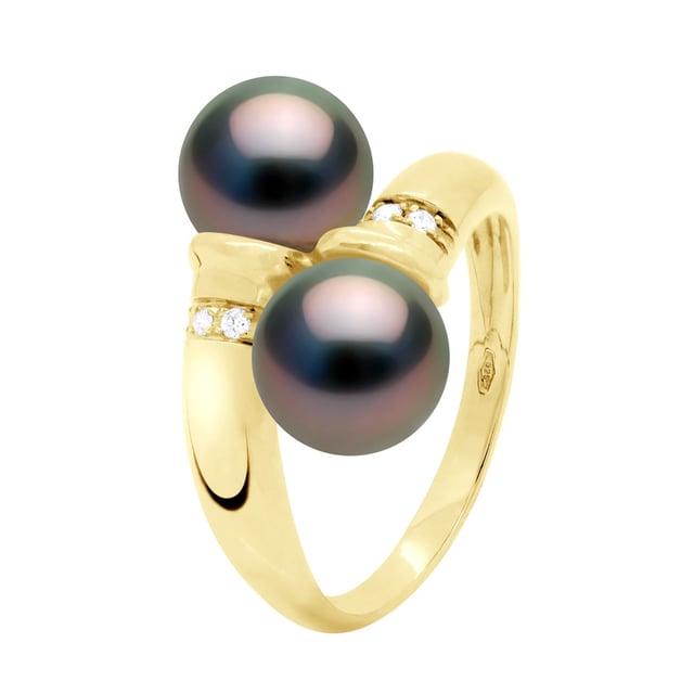 Ring You & Me Diamonds 0,06 Cts (6 x 0,01 cts) 2 Real Cultured TAHITI Pearls Round 8-9 mm - Yellow Gold - available Size even numbers from 48 to 62 - Delivered with Certificate of Authenticity and International Guarantee - MANUFACTURED BY OUR FRENCH JEWELERY ARTISANS