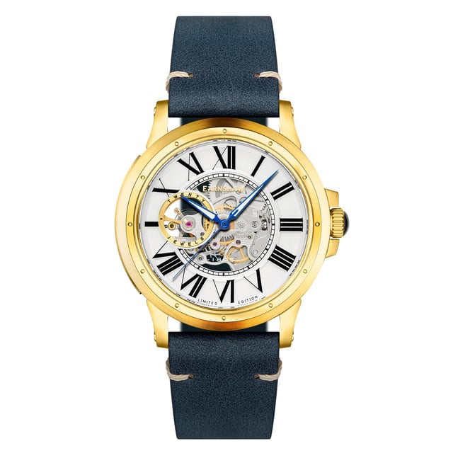 Collection: Comet Open Heart Skeleton 
Model: Es-8243-03
Movement: Automatic 
Case Material: Stainless Steel
Case Diameter (mm): 42
Case Thickness (mm): 14
Case Shape: Round
Case Color: Gold
Dial Color: Silver
Band: Genuine Leather Strap
Band Color: Blue
Buckle: Strap Buckle
Band Width (mm): 22
Water Resistance: 5 Atm
Watch Weight (g): 140
Warranty: 2 Years International Warranty