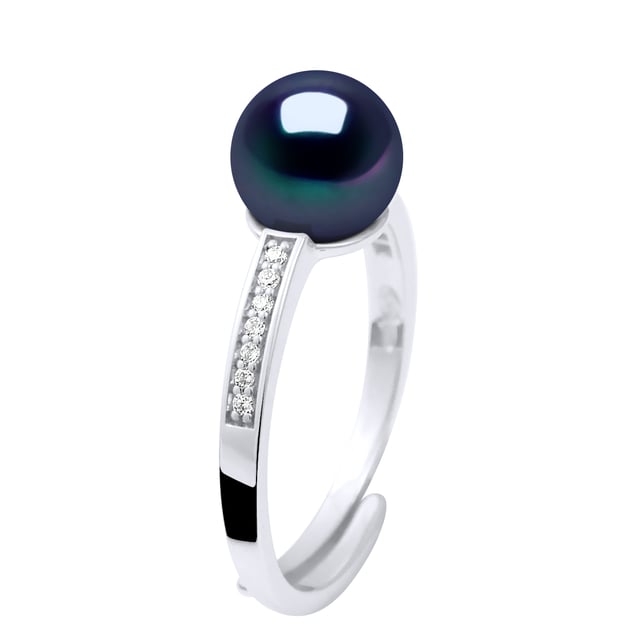 Ringsmycke - Äkta odlad sötvattenspärla rund 7-8 mm - Smycke Paving Cubic Zirconia Silver 925 Rhodiumpläterad - FÄRG \"BLACK TAHITIAN STYLE\" - Storlek justerbar från storlek 48 till storlek 62 - Levereras i låda och med sitt äkthetscertifikat och internationella garanti - MADE IN FRANCE
