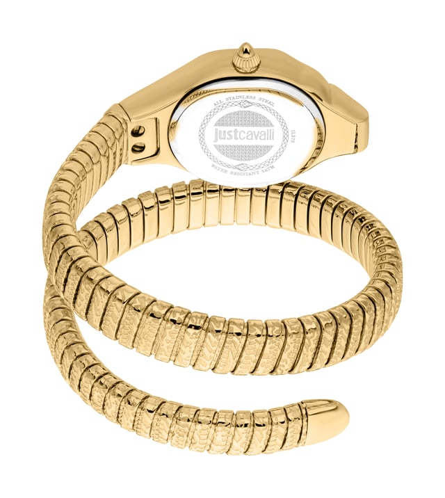 Stainless steel case, Stainless steel bracelet, Silver dial, Quartz movement, Scratch resistant mineral, Water resistant up to 3 ATM - 30 meters - 100 feet Yellow gold-tone stainless steel case and bracelet. Fixed yellow gold-tone stainless steel bezel. Silver-tone dial with yellow gold-tone hands and index hour markers. Dial Type: Analog. Quartz movement. Scratch resistant mineral crystal. Round case shape, case size: 22 mm. Band width: 8 mm, band length: 7.5 inches. Water resistant at 30 meters / 100 feet. Functions: hour, minute. Amalfi Series. Fashion watch style. Watch label: Japan Movt. Just Cavalli Amalfi Quartz Silver Dial Ladies Watch JC1L270M0025.