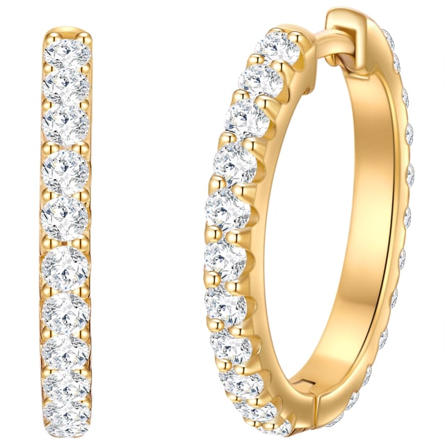Glamorous earrings are a must -have for all jewelry lovers - like these creoles of the Trilani label. The design convinces with its classic-time circular form. Made of 925 sterling silver and refined with yellow gold, the earrings are perfect for all fans of the warm shimmering precious metal nuance. Coating is the lush trim with zirconia crystals, the diamond cut of which ensures an enchanting sparkle on your earlobes. These creoles are a combination talent that harmonizes the office outfit as well as a casual look in leisure. A practical folding cap offers optimal wearing comfort and simplifies it.