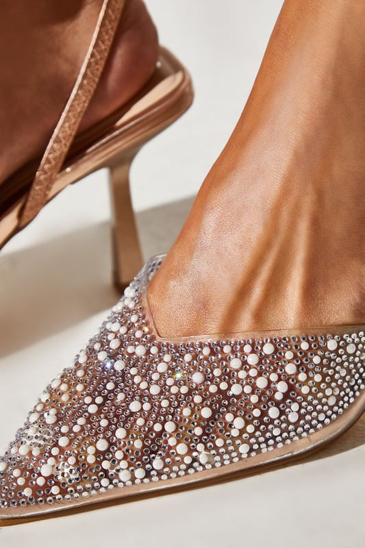 Wide Fit Tilly Diamante And Pearl Sling Back Pointed Court Shoes