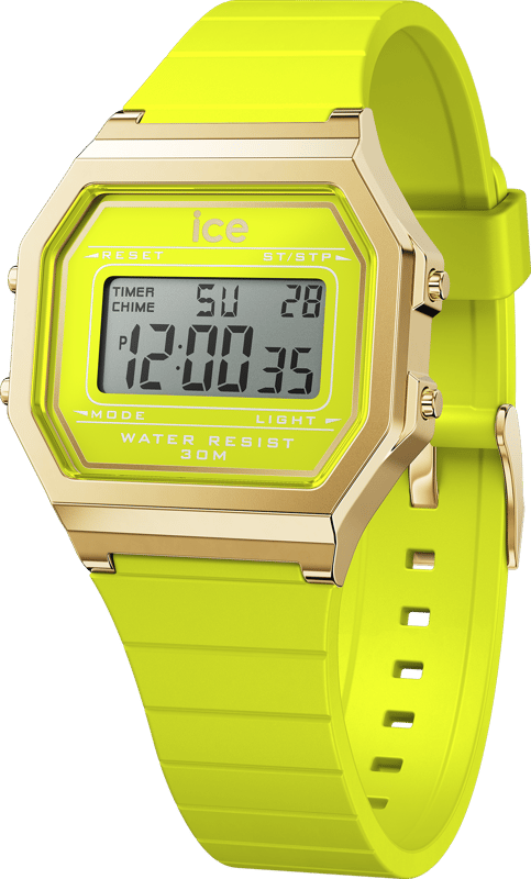 This Ice Watch Ice Digit Retro - Sunny Lime Digital Watch for Women is the perfect timepiece to wear or to gift. It's Gold  Rectangular case combined with the comfortable Green Silicone watch band will ensure you enjoy this stunning timepiece without any compromise. Operated by a high quality Quartz movement and water resistant to 3 bars, your watch will keep ticking. Let yourself be seduced by the colourful retro charm of the ICE digit retro - Sunny lime. Its digital display makes it easy to read the time. Combined with a bright lemon colour, this watch is perfect for wearing all year round: a vitamin-packed must-have to be snapped up as a matter of urgency! High quality 19 cm length and 18 mm width Green Silicone strap with a Buckle Case measurement: 32 X 34 mm,case thickness: 8 mm, case colour: Gold and dial colour: Green