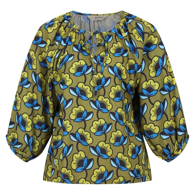 The women's Orla Tie Neck Blouse from Regatta. Made from Coolweave cotton, both breathable and comfortable for long, hot days. Relaxed, lightweight and loose fitting with balloon shaped sleeves. Team with your favourite shorts for an easy to wear, every day look. Material: 100% Viscose. Ref: RWS158G8H.