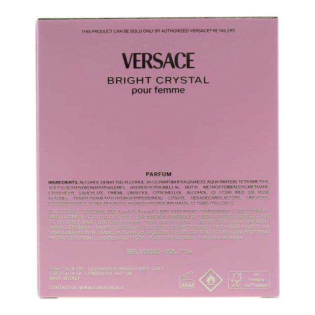 Bright Crystal Parfum is a synthetic floral fragrance for women by Versace. Perfect for Spring, Summer and fall this fragrance is mostly worn during the day. Created by Alberto Morillas, this fragrance contains top notes of Caramel, Pomegranate, Red Fruits and Yuzu. In the heart of the fragrance lies Helvetolide, Lotus, magnolia and Peony with base notes of Ambrox Super, Musk, Norlimbanol.