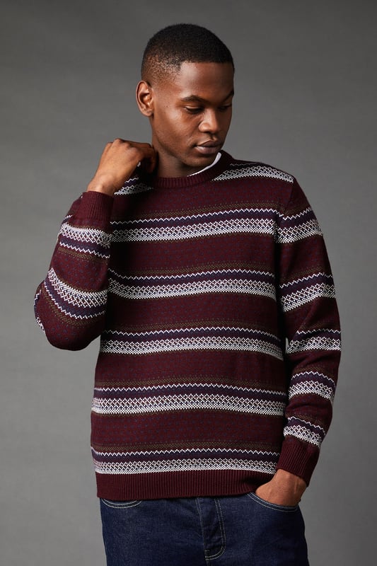 Classic Fairisle pattern for timeless appeal
        Crew neck design for versatile layering
        Ribbed cuffs and hem for a snug fit
        Horizontal stripe detailing adds visual interest
        Relaxed fit for comfortable everyday wear
    
    Embrace the charm of traditional knitwear with this Fairisle pattern crew neck jumper. Perfect for the man who appreciates classic style with a modern twist, this jumper offers both warmth and style for the cooler months. The horizontal stripes and intricate pattern work together to create a visually appealing piece that's easy to style. Pair it with your favourite jeans and trainers for a casual pub outing with mates, or dress it up with chinos and brogues for family gatherings. The versatile design makes it an excellent choice for weekend walks in the countryside or cosy nights in. Machine washable at 30 degrees, this jumper is as practical as it is stylish, ensuring you look put-together with minimal effort. Whether you're cheering on your team at a sports match or enjoying a casual dinner out, this Burton jumper is sure to become a go-to in your autumn and winter wardrobe.