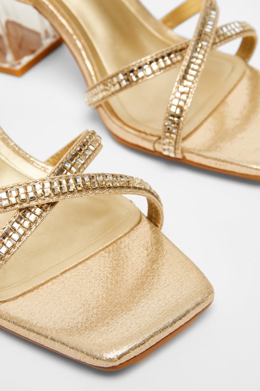 Wide Fit Gold Diamante Heels - Diamante embellishment - Block heel - Clear heel - Open toe - Heel height: 8 cm / 3 inches