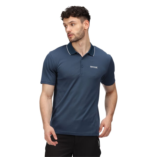 Material: 100% quick dry polyester pique fabric. Ribbed collar. Good wicking performance. 3 button placket. Short sleeves.