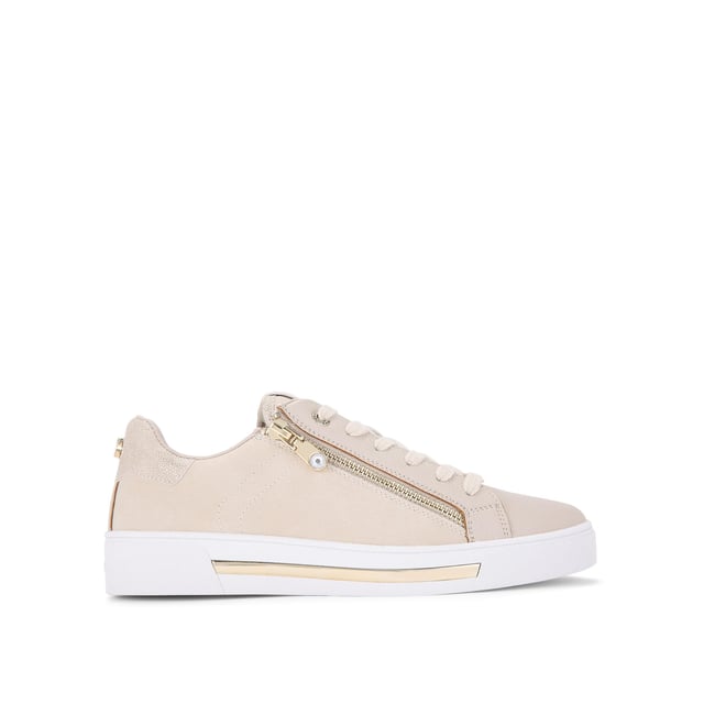 The Carvela Diamond Zip trainer features a beige upper with multiple textures. The front laces up with gold tone tabs across the lace up front and foil embossed branding on the tongue.