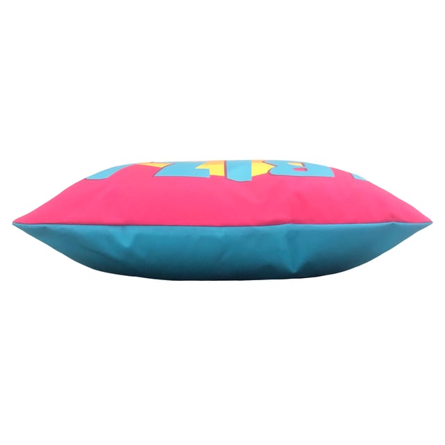 Transport yourself to Ibiza with this abstract outdoor cushion. A bright and bold cushion, with the focal point being the Ibiza slogan. Mix and match with other cushions from the collection, pop them in your outdoor space and make a statement.