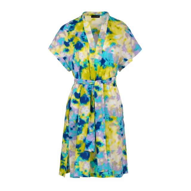 Deze zomerjurk met print is gemaakt van geweven viscose. Het is mouwloos en heeft een boord bij de armsgaten in dezelfde stof. Het heeft een mandarijnkraag van 2 cm en een sluiting van 4 cm bij de halslijn aan de voorkant om een V-vorm te creëren. Aan elke kant zit een binnenzak.  De jurk heeft grote splitten van 20 cm aan elke kant. De jurk kan worden gedragen met de riem of zonder als u een meer ontspannen zakjurkstijl wilt creëren. De riem in dezelfde stof is inbegrepen. Dit kledingstuk is gestileerd in een recht los silhouet.