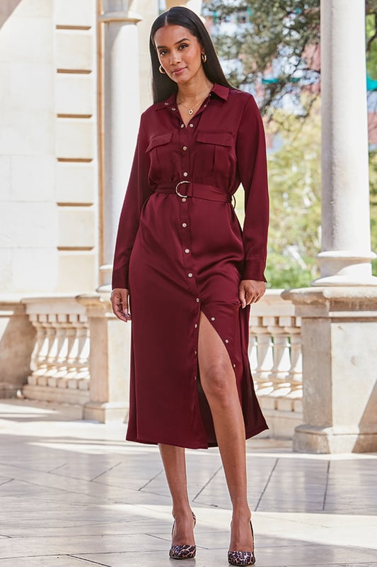 A do it all dress
Slinky satin fabric feels amazing
Utility styling for an on-trend look
Cinch your waist with the statement belt
Add courts or ankle boots for the office
Take it out-out with strappies and hoop earrings