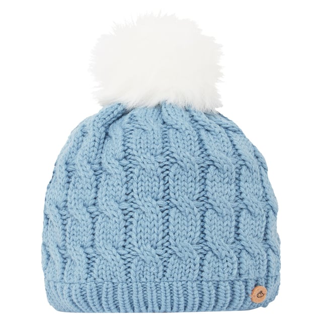Material: Acrylic, Yarn. Fabric: Cable Knit. Lining: Microfleece. Design: Logo. Faux Fur Bobble, Turned Up Cuff. Fabric Technology: Insulating. Sustainability: Made from Recycled Materials.