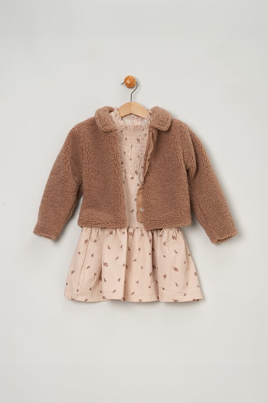 Elevate her party season wardrobe with this 3-Piece Set from Miss. This trendy set includes a faux fur jacket with collar, printed tiered dress, and matching tights. This fashionable outfit set will make dressing easy all season long!
