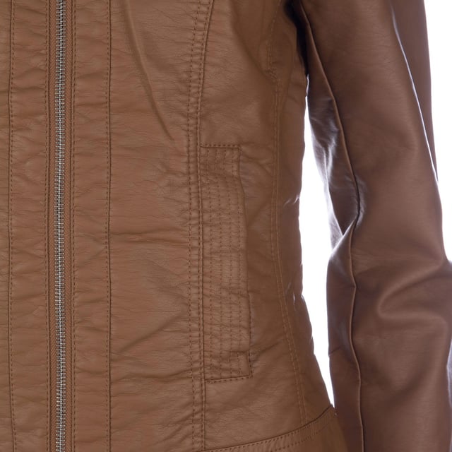Womens Only Bandit Faux Leather Biker Jacket in cognac.- Leather-look.- Tight fit.- Two vertical pockets to the bottom front with press stud closures.- Two horizontal zip pockets to the chest. - Full zip up front with press stud closure to the collar.- Measurement from shoulder to hem: 21.5 inches approximately.- 50% Polyurethane  50% Viscose. Lining: 100% Polyester. - Ref 15081400- Measurements are intended for guidance only.