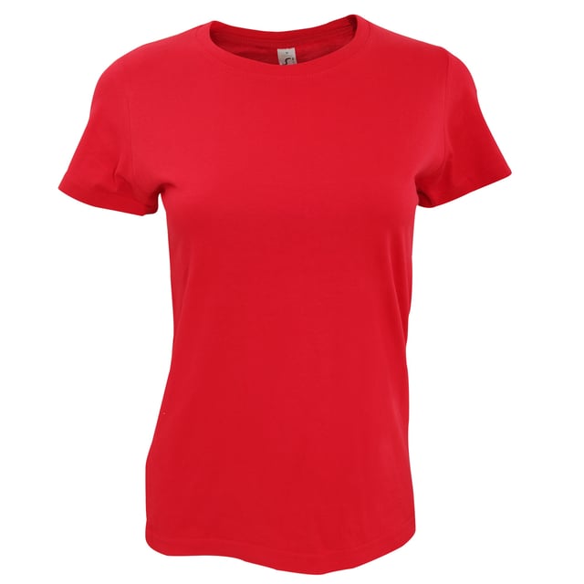 Taped back neck. Rib neckline. Side seams. Twin needle sleeves and hem. Fabric weight: 190 gsm. Material: 100% ringspun semi-combed cotton. Slim fit. Ladies size: S(8/10), M(10/12), L(12/14), XL(14/16), XXL(16/18).