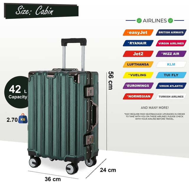 Discover the perfect blend of elegance, durability, and convenience with our Strong Hardshell Cabin Suitcase. Designed with a stunning emerald green finish, this cabin suitcase is crafted for the modern traveler, offering strength and sophistication for all your journeys.

Features:
Premium Polycarbonate Shell: Lightweight yet tough, delivering exceptional protection against wear and tear.
Reinforced Aluminum Frame: Adds durability and structural integrity, ensuring long-lasting performance.
Dual Integrated Locks: Secure your belongings with two built-in combination locks for added peace of mind.
8 Smooth Dual Wheels: Provides effortless 360° maneuverability, making navigation through airports and busy streets a breeze.
Ergonomic Telescopic Handle: Designed for comfortable handling and ease of use.
Stylish Interior: Fully lined with elasticated straps, zippered compartments, and mesh dividers for organized packing.
Size and Specification:
Cabin:
Dimensions: 36 x 24 x 56 cm
Weight: 2.70 kg
Capacity: 42L

Travel smarter and make a statement with this robust suitcase set.
