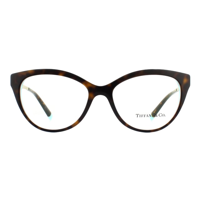 Tiffany Glasses Frames TF2180 8275 Havana Crystal Blue 54mm are a gorgeous butterfly design with an acetate front and temple tips and slender flat metal Diamond Point temples. Flashes of Tiffany blue at the temple tips provide brand recognition.