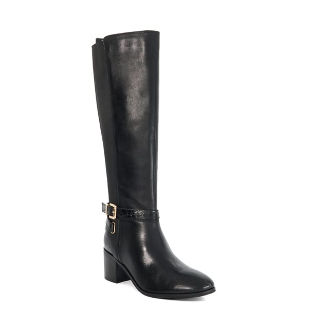 Dune Ladies Tilburies - Leather Round Toe Riding Boots This knee high boot has a curved back to accommodate your calves. It comes with an eyecatching gold zip and a chunky mid heel. Team it with skinny jeans and a baggy knit for a cosy winter look.