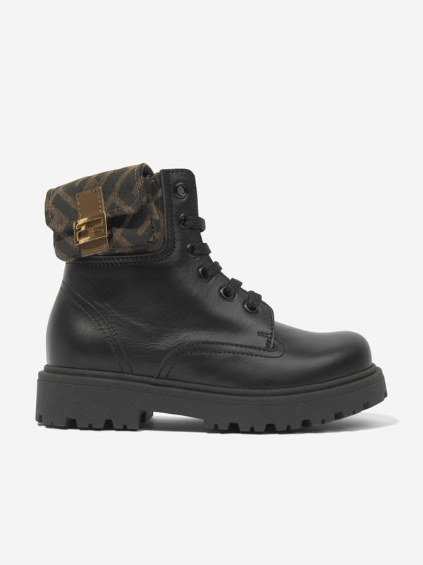 Introducing the Kids Leather Baguette Biker Boots in Black by Fendi, a staple addition to your child's unisex wardrobe, exuding elegance, style and comfort.  Made in Italy: This luxurious footwear, steeped in Italian craftsmanship, promises quality, durability, and long-lasting wear.  Edgy Design: These biker boots showcase a fashionable balance between classic and edgy, making it effortless to become a statement piece. Superior Comfort: Crafted from premium leather, these boots ensure a comfortable and snug fit for your little one‚ daily activities.  Upgrade your child's closet with the Kids Leather Baguette Biker Boots by Fendi. Grab a pair now and let your child stride with confidence and style!