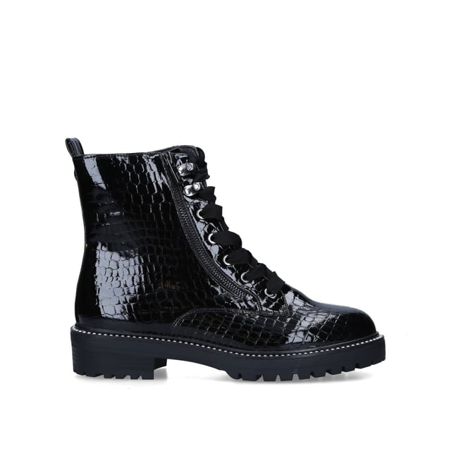 The Jamie2 ankle boot arrives in a black croc embossed pattern with lace up front. There is a small pull tab at the back of the ankle with zip details.Sole Height: 4cmConcealed zipper on the inner sideThis product contains a unique KG Kurt Geiger branded outsole design that has been created specifically for this styleThis product is registered with The Vegan SocietyMaterial: TextileStyle number: 8601800409
