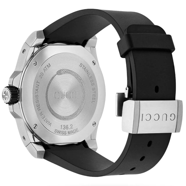 Manufacturer Product Number: YA136217 Brand: GUCCI Watch Markers: Dots Water Resistant: 200 Meters (suitable for diving) Recipient: Men's Movement: Quartz Case Material: Stainless Steel Dial Colour: Black Strap Material: Rubber Diameter: 45mm Brand Collections: Gucci Dive