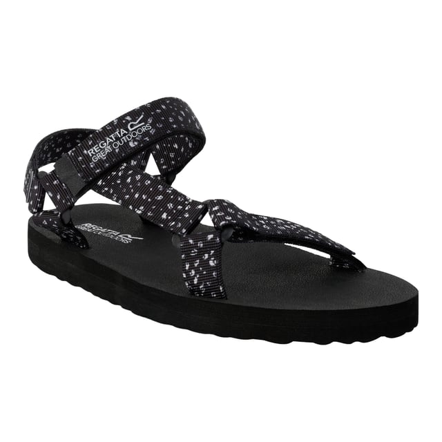 Regatta Womens/Ladies Lady Vendeavour Polka Dot Sandals (Black/White) Upper: Synthetic. Outsole: Synthetic. Fabric Technology: Water Repellent. EVA Footbed. Flat Heel. Design: Logo, Polka Dot. Toe Style: Open. Fastening: Hook And Loop Strap.