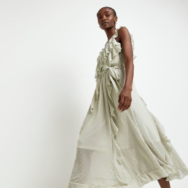 River Island Womens Midi Dress Green Frill Tie Waist