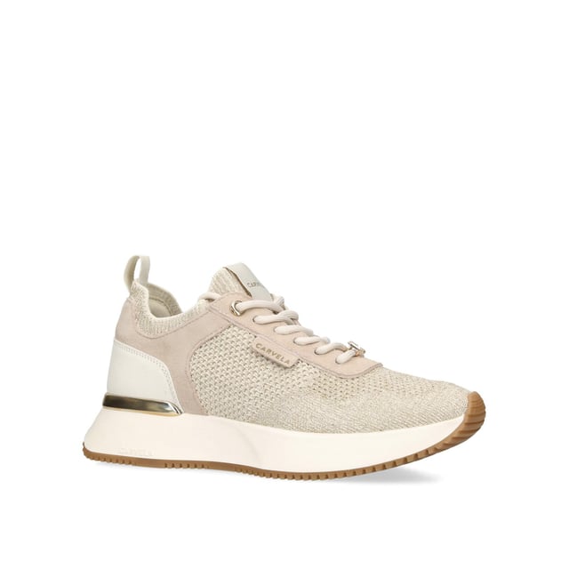The Carvela Flare Knit trainer features a gold glitter knitted upper. The front laces up with a gold tone Icon C charm detail. There is a Carvela branded tab at the heel as well as gold tone plate.