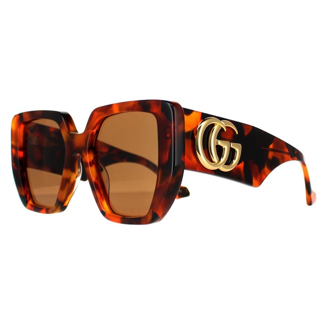 Gucci Square Womens Havana Brown GG0956S  Sunglasses have a super chunky acetate frame with wide temples and an extra large interlocking metal GG logo.