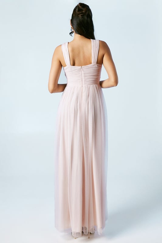 Square Neck Mesh Maxi Bridesmaid Dress
