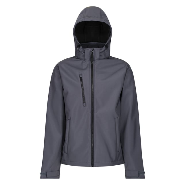 Material: 100% Polyester. Stoff: Softshell, gewebt. Muster: Einfarbig. Stoff-Technologie: Atmungsaktiv, Wasserabweisend, Windbeständig, XPT. Manschette: Verstellbar. Ausschnitt: Kapuze. Ärmel-Typ: Langärmelig. Kapuzen-Merkmale: Kordelzug, Angewachsene Kapuze. Taschen: 2 untere Taschen, 1 Brusttasche, Reißverschluss. Verschluss: Kontrastierender Reißverschluss, durchgehender Reißverschluss.