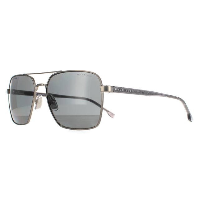 Hugo Boss Aviator Mens Matte Ruthenium  Grey Polarized  BOSS 1045/S  Sunglasses are a stylish squared off aviator style with classic double bridge look. The metal core of the temples shows through the acetate to show the strong durability of these cool Hugo Boss shades..