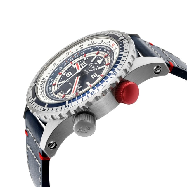 This collection provides watch aficionados and sports enthusiasts with an unprecedented variety of ways to measure and calculate the time. This big, bold 43mm three-hand configuration features a dramatic multi-scale dial with two rotating bezels that 
a variety of calculations that would be next to impossible with a conventional timepiece.   A Unidirectional outer bezel is marked with both 24-hour and 60-minute scales. Additionally, there is an inner rotating chapter ring marked with a 60-second scale and controlled by a second setting crown at 2. The rotating rings can be operated separately or together for a variety of results.

GV2 3507S Men's Contasecondi Automatic Watch

GV2 Men's Automatic Watch from the Contasecondi Collection
43mm Round Silver Case with unidirectional bezel, Blue dial
Red Crown at 2H turns inner ring - 60-second counter, Date at 6H, luminous Hands
Exhibition Case Back
Handmade Blue Italian Leather Straps-Sports White Stitching With Tang Buckle

Anti-reflective Sapphire Crystal
Water Resistant to 50 Meters/5ATM
Swiss Made Automatic, Sellita SW200-1 Movement