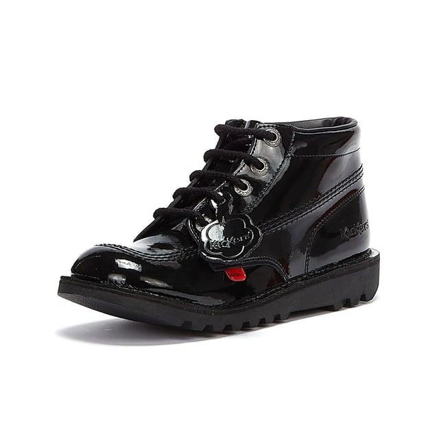 The Kickers Kick Hi Kids Shoe has been on trend since 1975.  With its trademark rubber sole, brass eyelets, and triple stitching for a great classic look.  Now With a Patent leather shiny upper and Trademark Red and Green Tab on side.  Added Kickets Fleurette with a high collar and durable sole for added support.