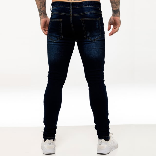 Enzo Mens Super Skinny Stretch Tiradores Rotos Vaqueros con cierre Zip Fly. 2 bolsillos frontales, 2 traseros y bolsillo de 1 moneda, botones y remaches de marca.
