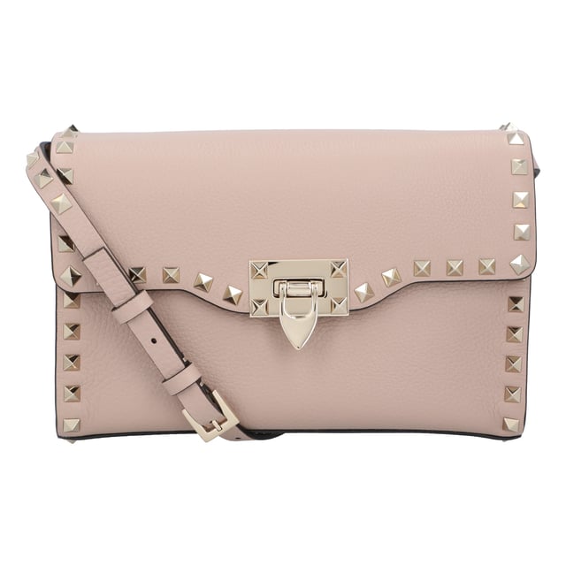 Simple in size and shape, this Rockstud small crossbody bag from Valentino will never go out of style. Made from grainy calfskin leather, it boasts platinum-finish studs and hardware, hook closure, an adjustable strap, cotton lining, and a flat open pocket. - Bag measures approximately 22.5cm x 15cm x 6cm.